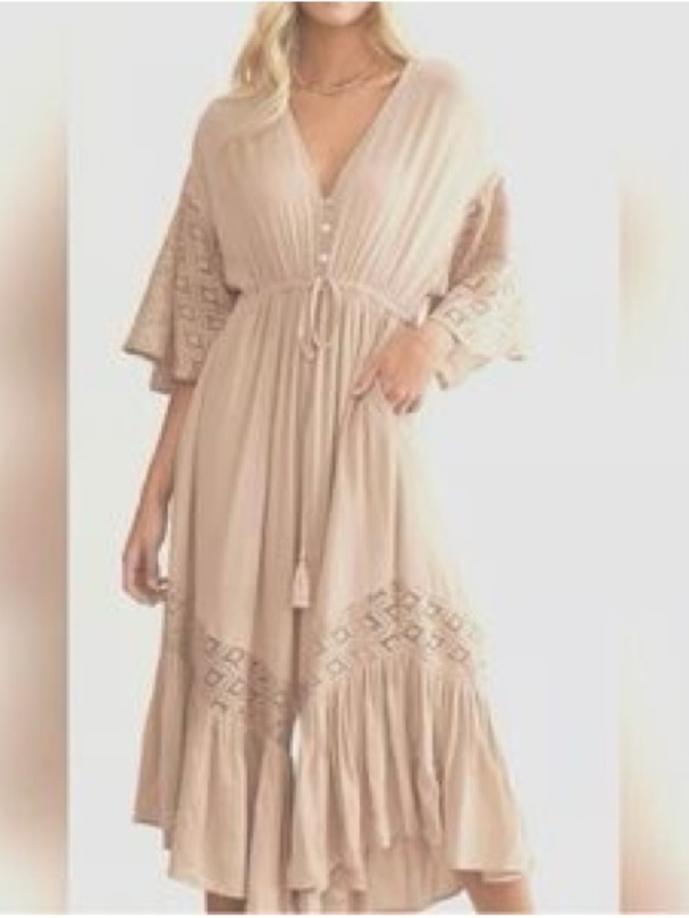 Miou Muse Bohemian Jumpsuit Wide Leg Crochet Cream Beige Size Medium - Picture 2 of 9